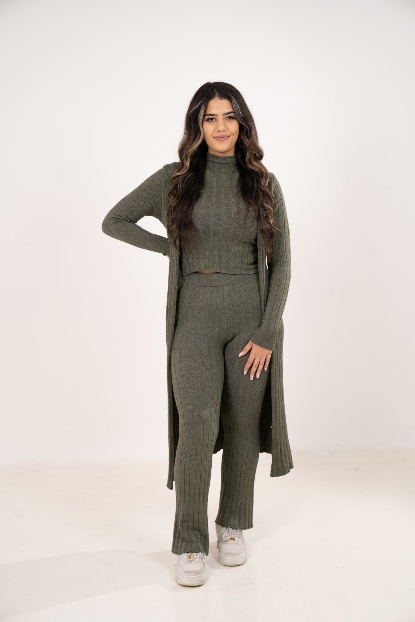 HELEN THREE PIECE KNITWEAR SET - KHAKI